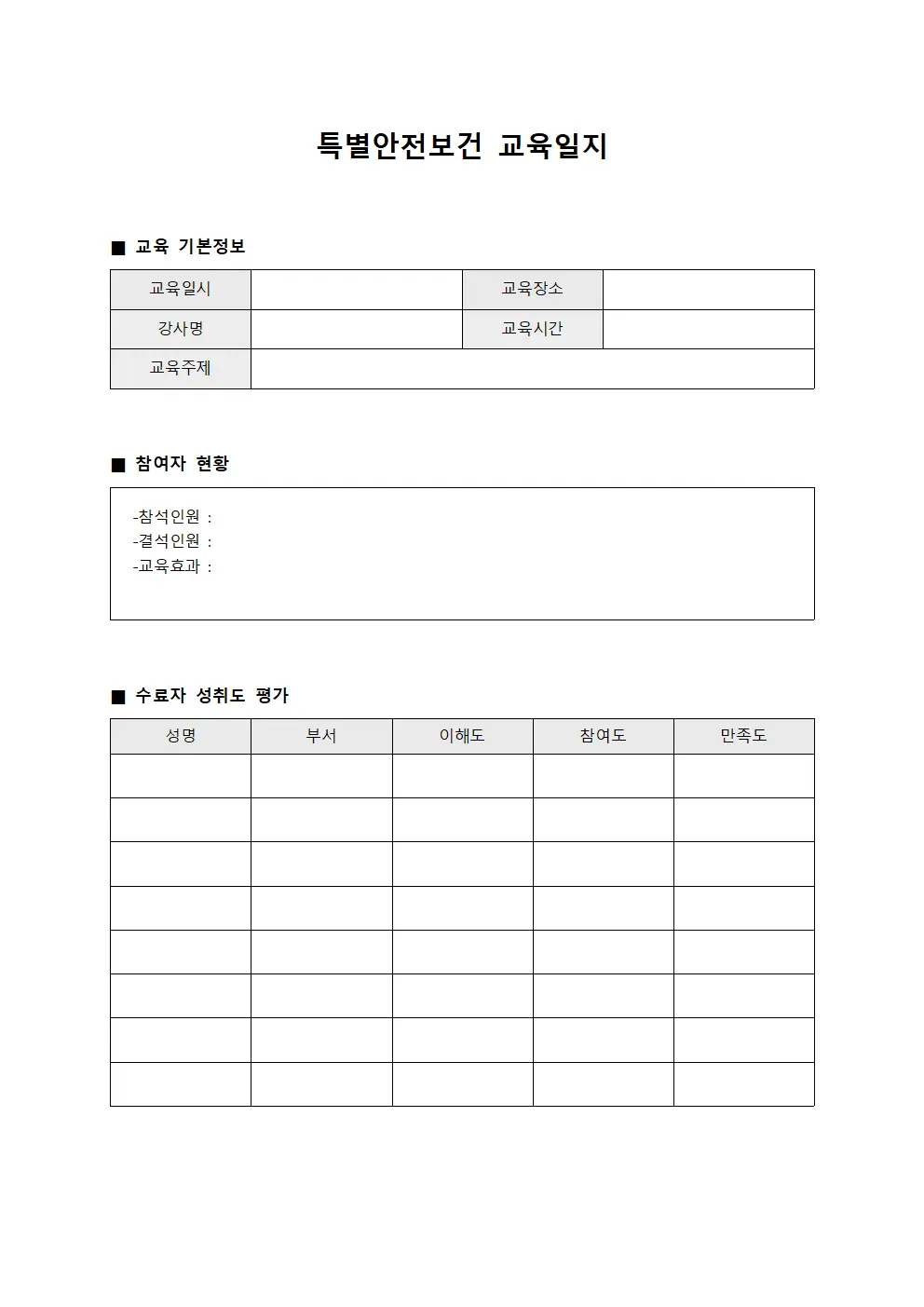 특별안전보건교육일지 (수료자성취도평가)