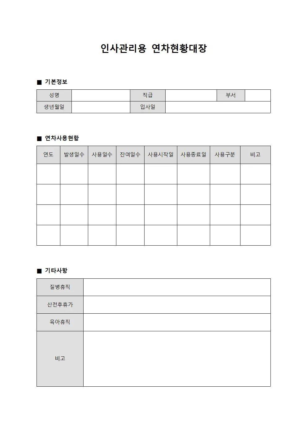 인사관리용 연차현황대장 양식파일