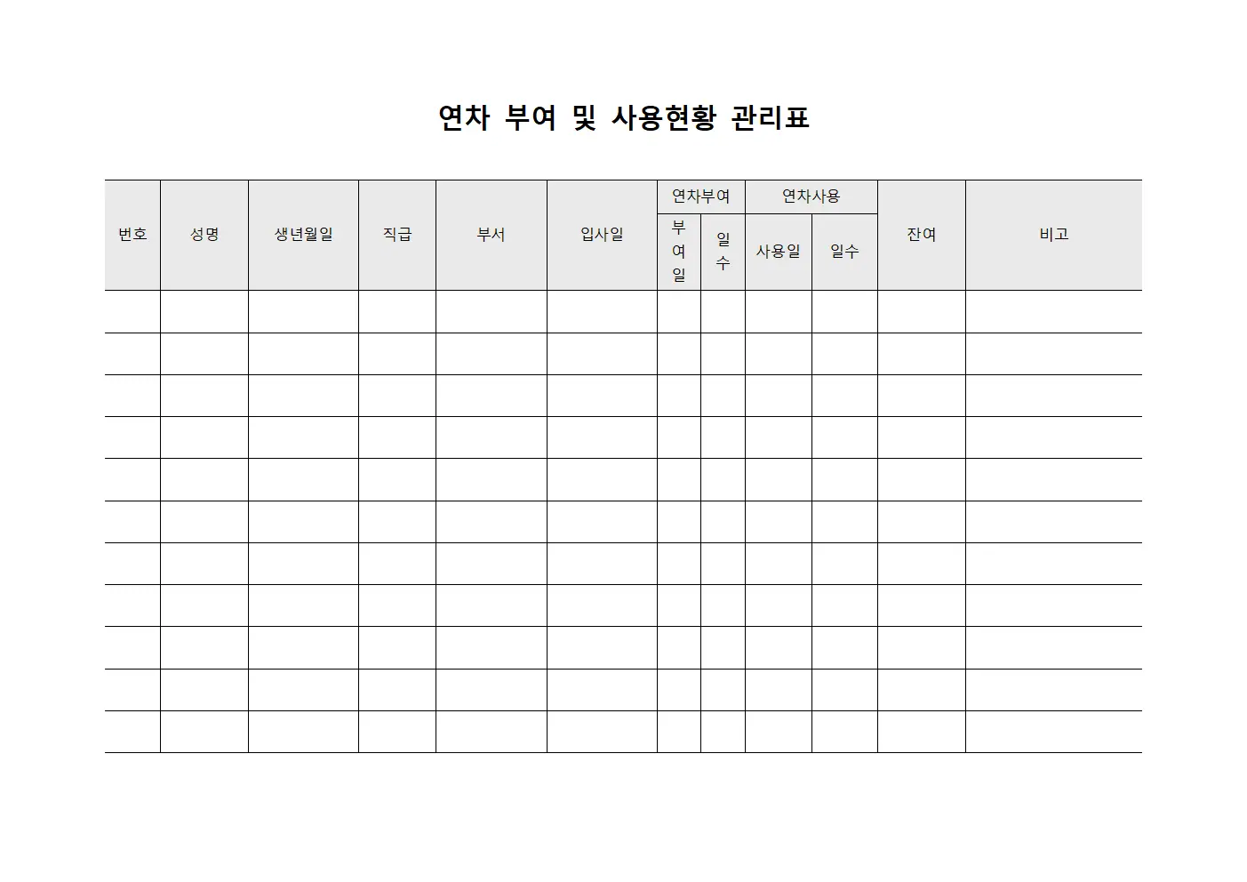 연차 부여 및 사용현황 관리표 서식