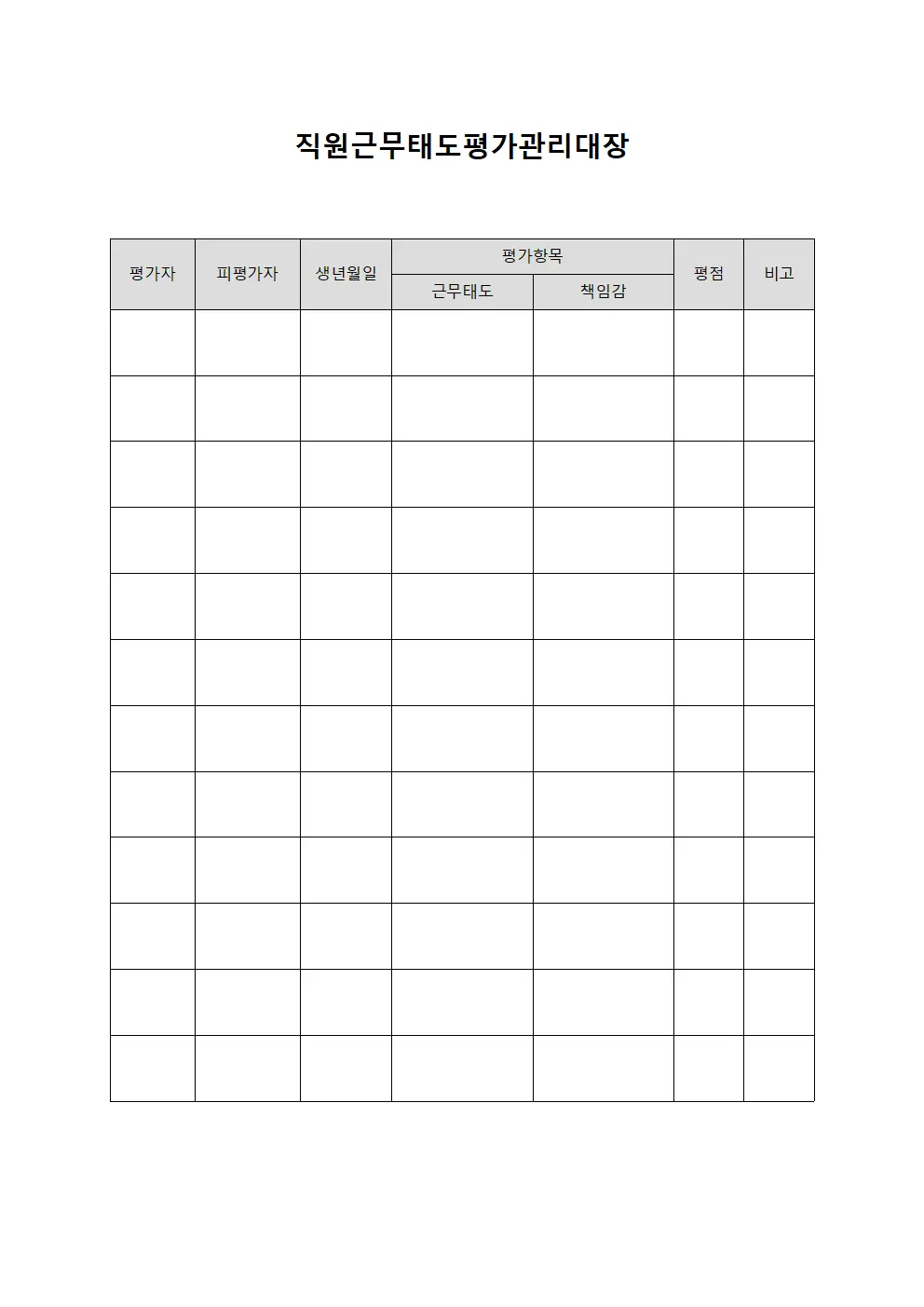 직원근무태도평가관리대장 템플릿