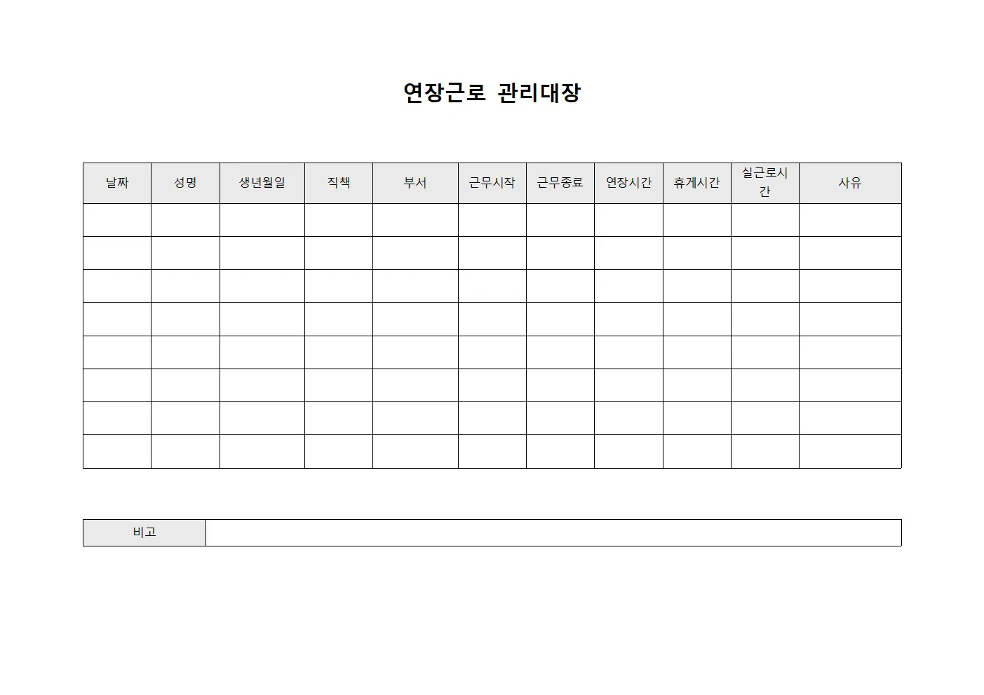 연장근로 관리대장