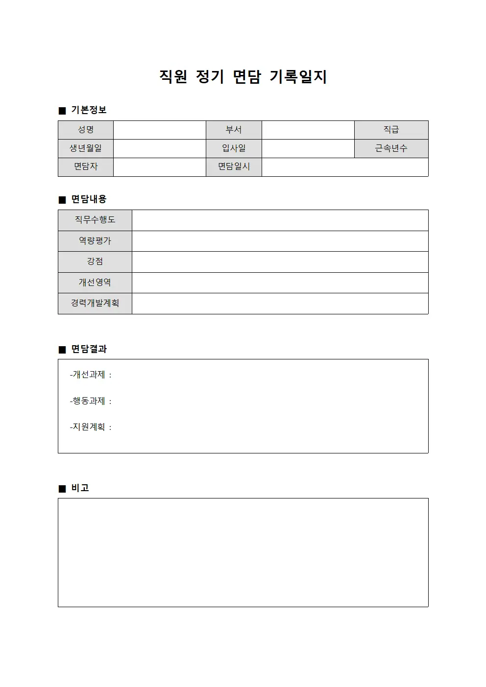 직원 정기 면담 기록일지 서식