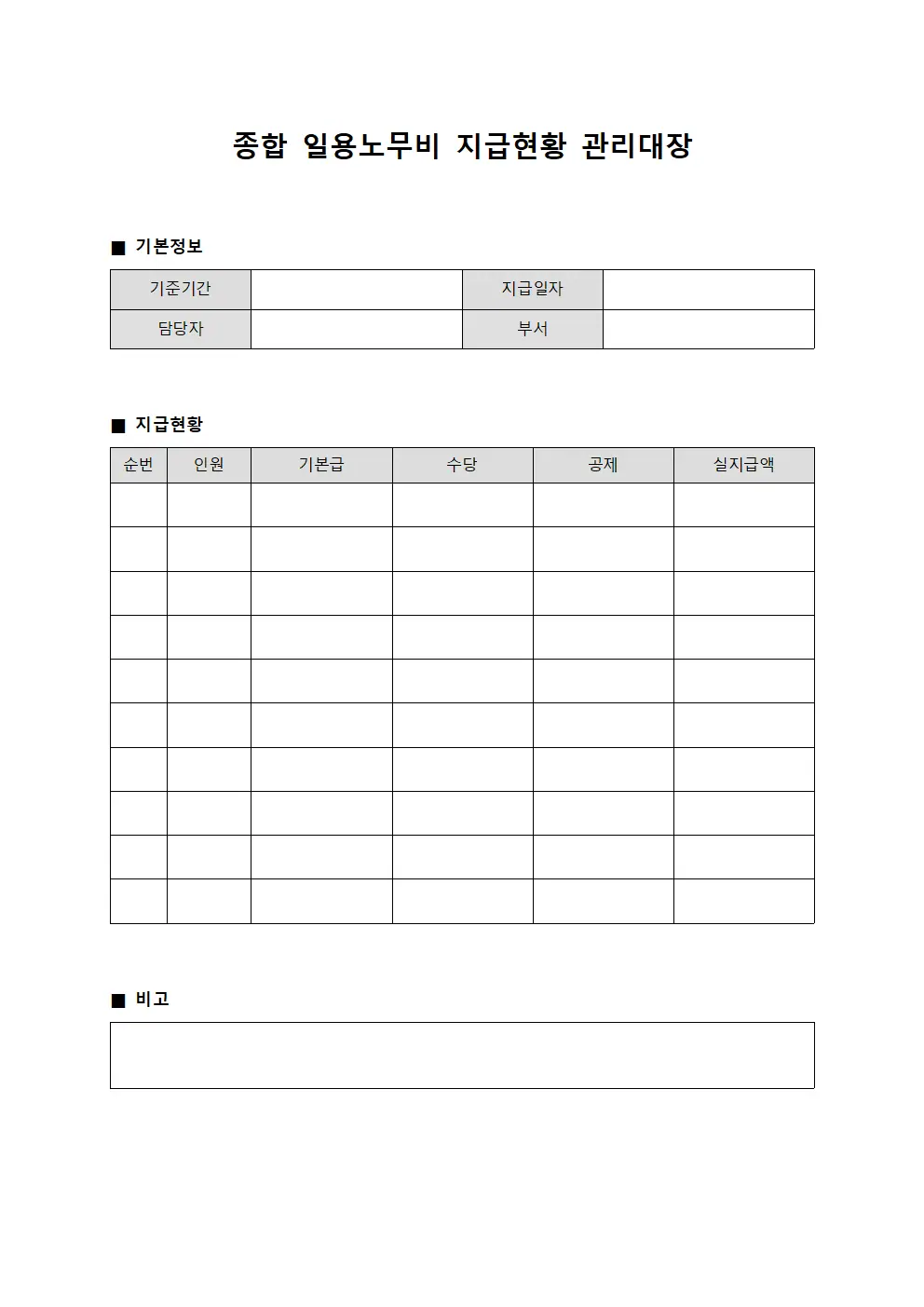 종합 일용노무비 지급현황 관리대장 서식문서
