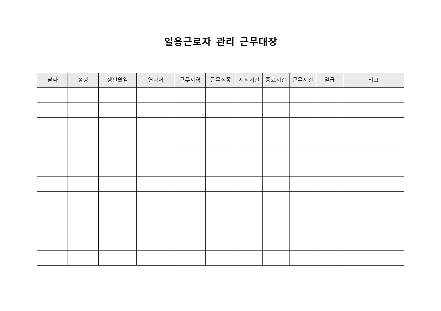 일용근로자 관리 근무대장 양식문서