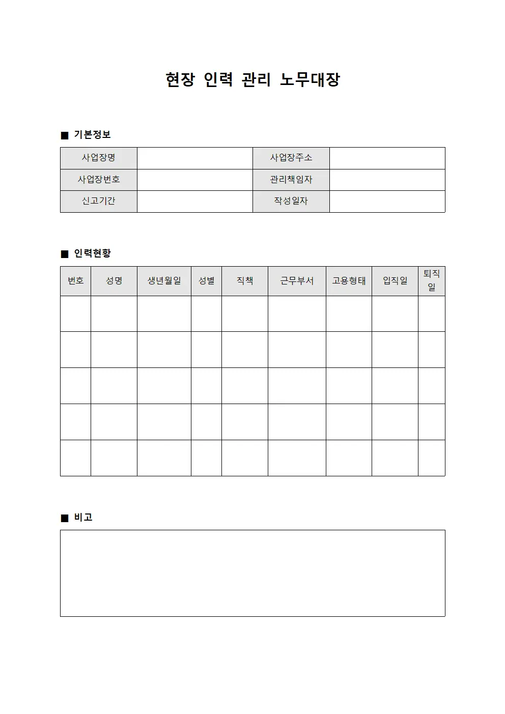 현장 인력 관리 노무대장 양식문서