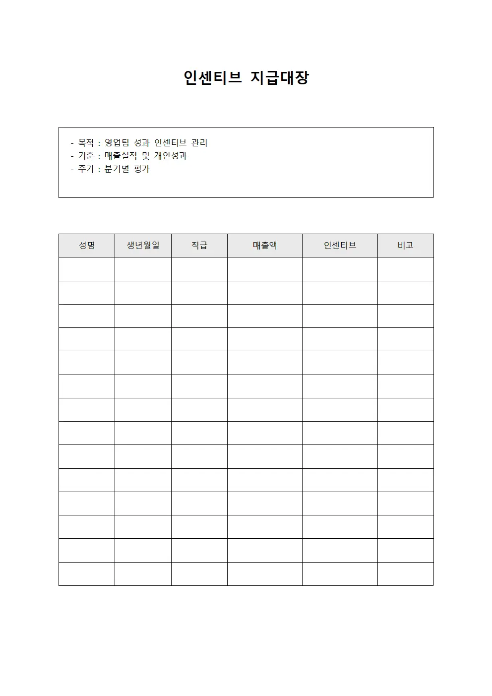 인센티브 지급대장 서식