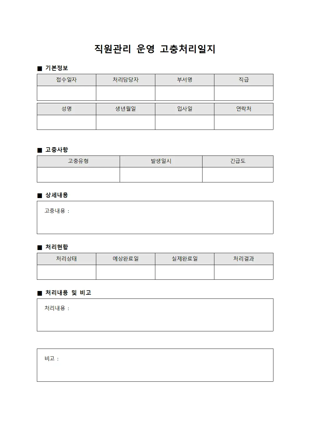 직원관리 운영 고충처리일지 템플릿