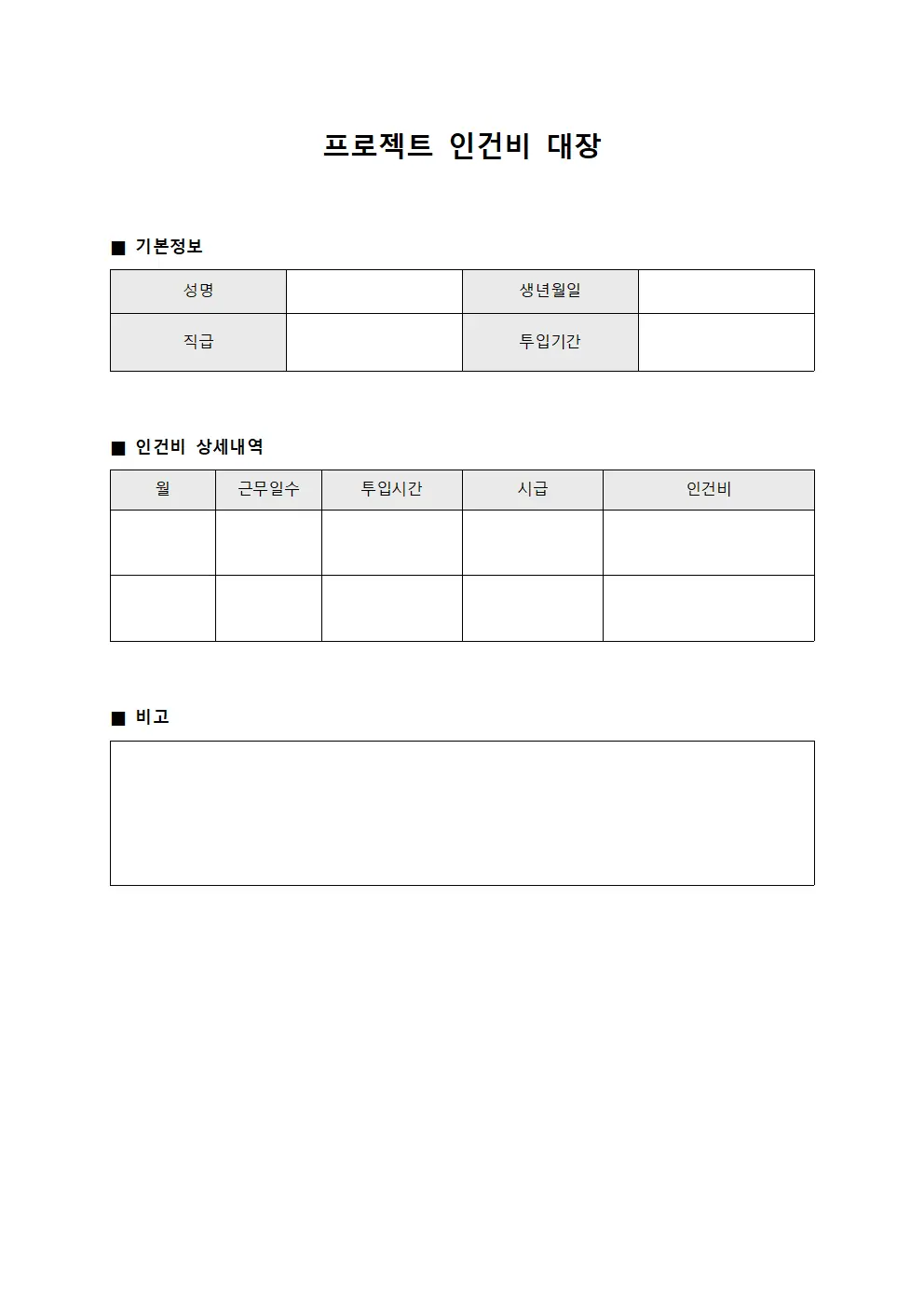 프로젝트 인건비 대장