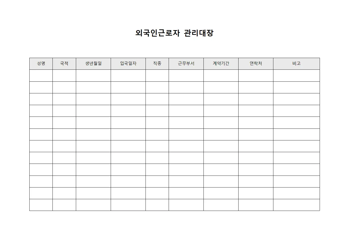 외국인근로자 관리대장 양식파일