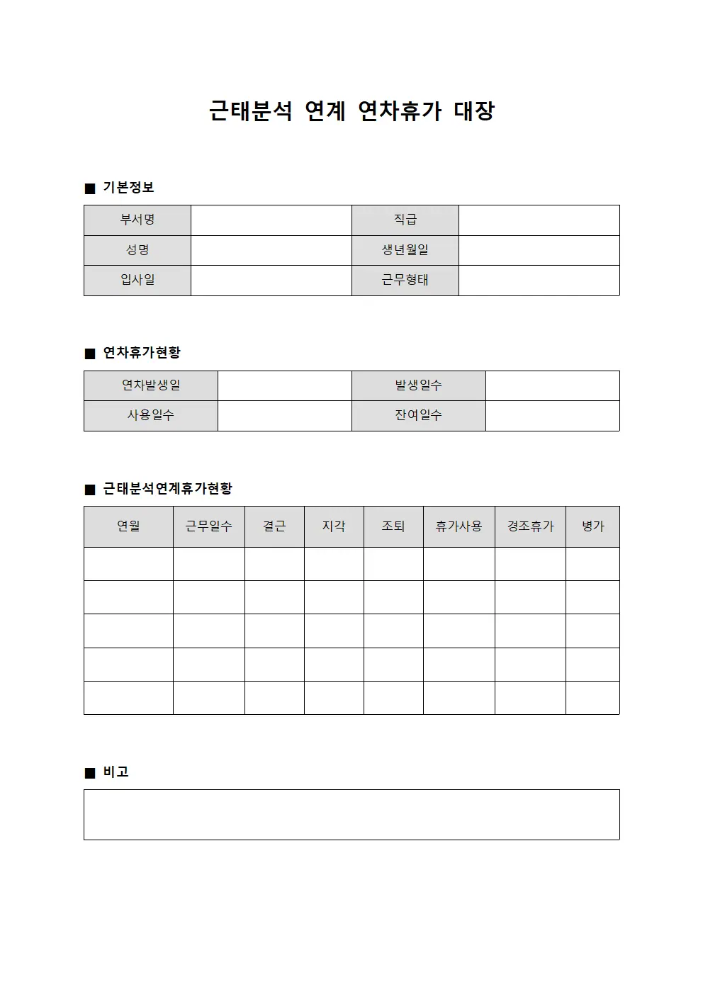 근태분석 연계 연차휴가 대장 양식