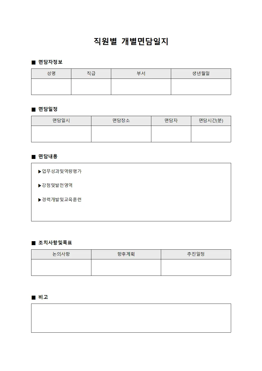 직원별 개별면담일지 문서양식