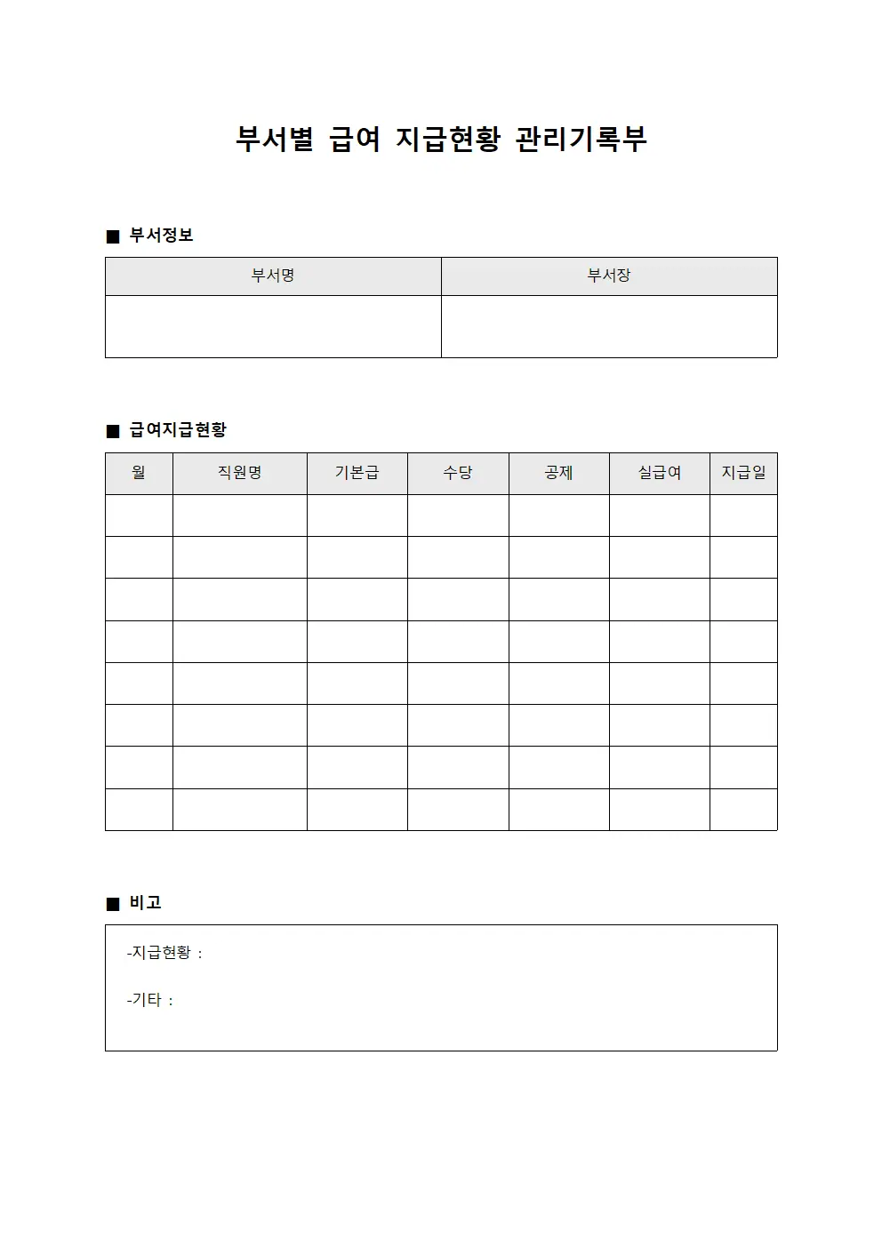 부서별 급여 지급현황 관리기록부 양식문서