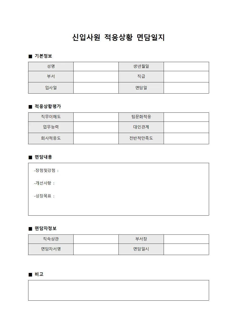 신입사원 적응상황 면담일지