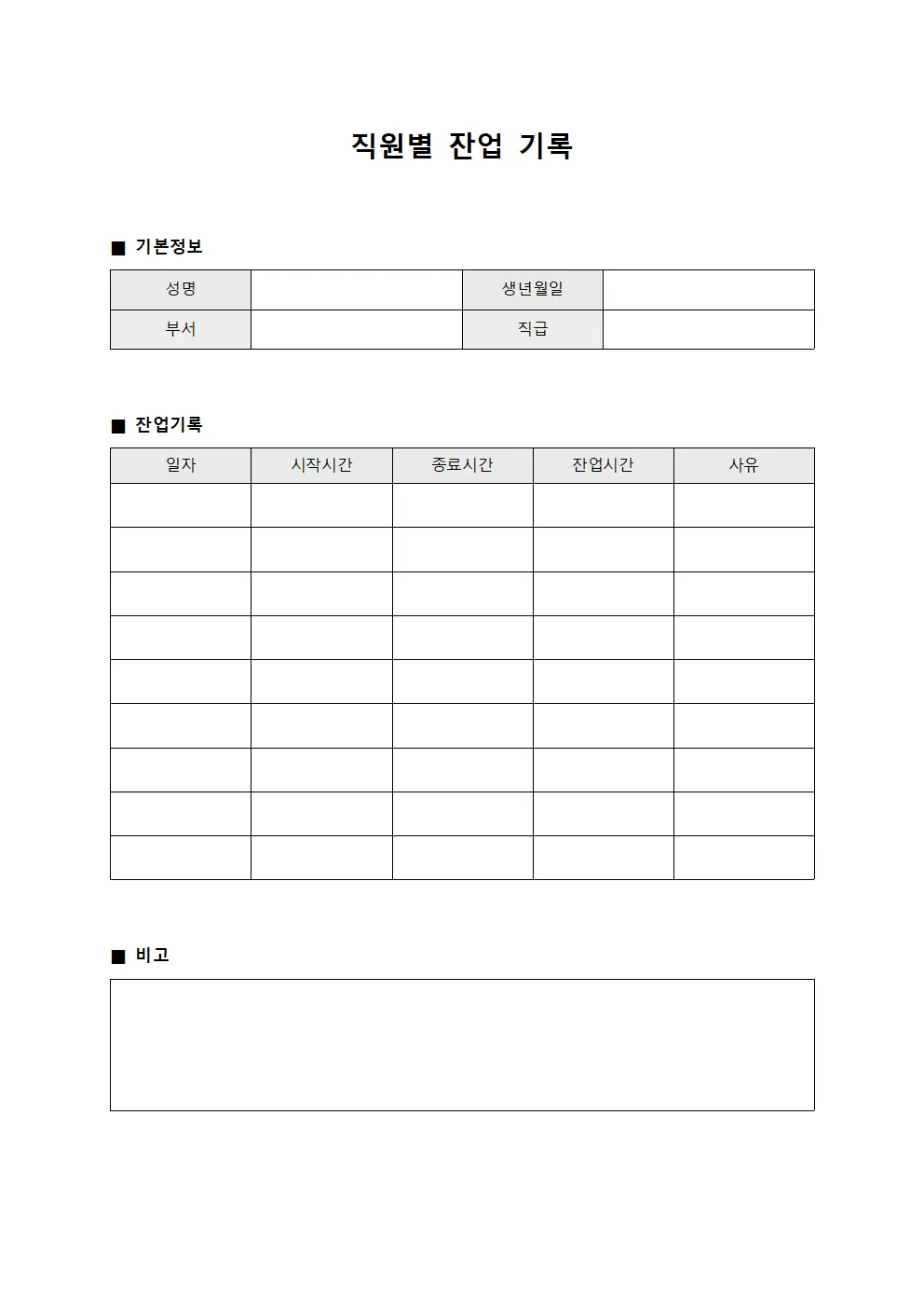 직원별 잔업 기록