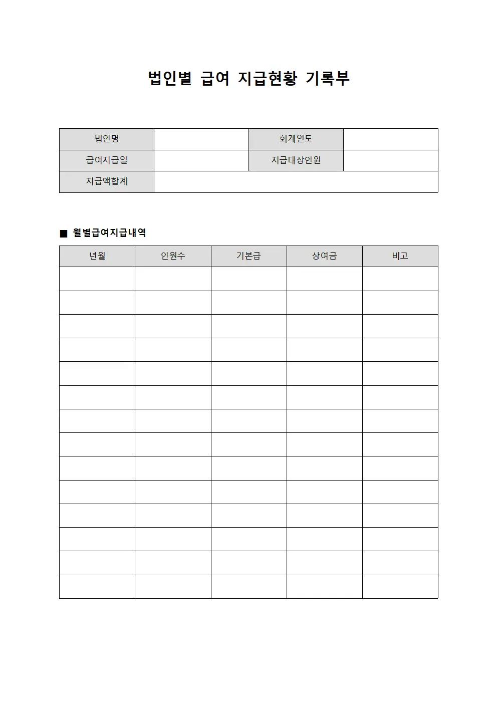 법인별 급여 지급현황 기록부