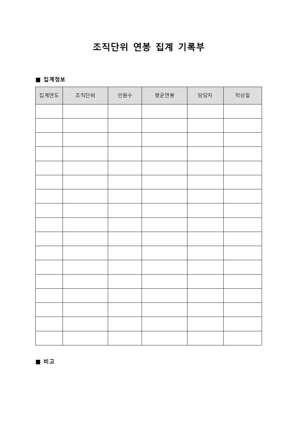 조직단위 연봉 집계 기록부 문서양식