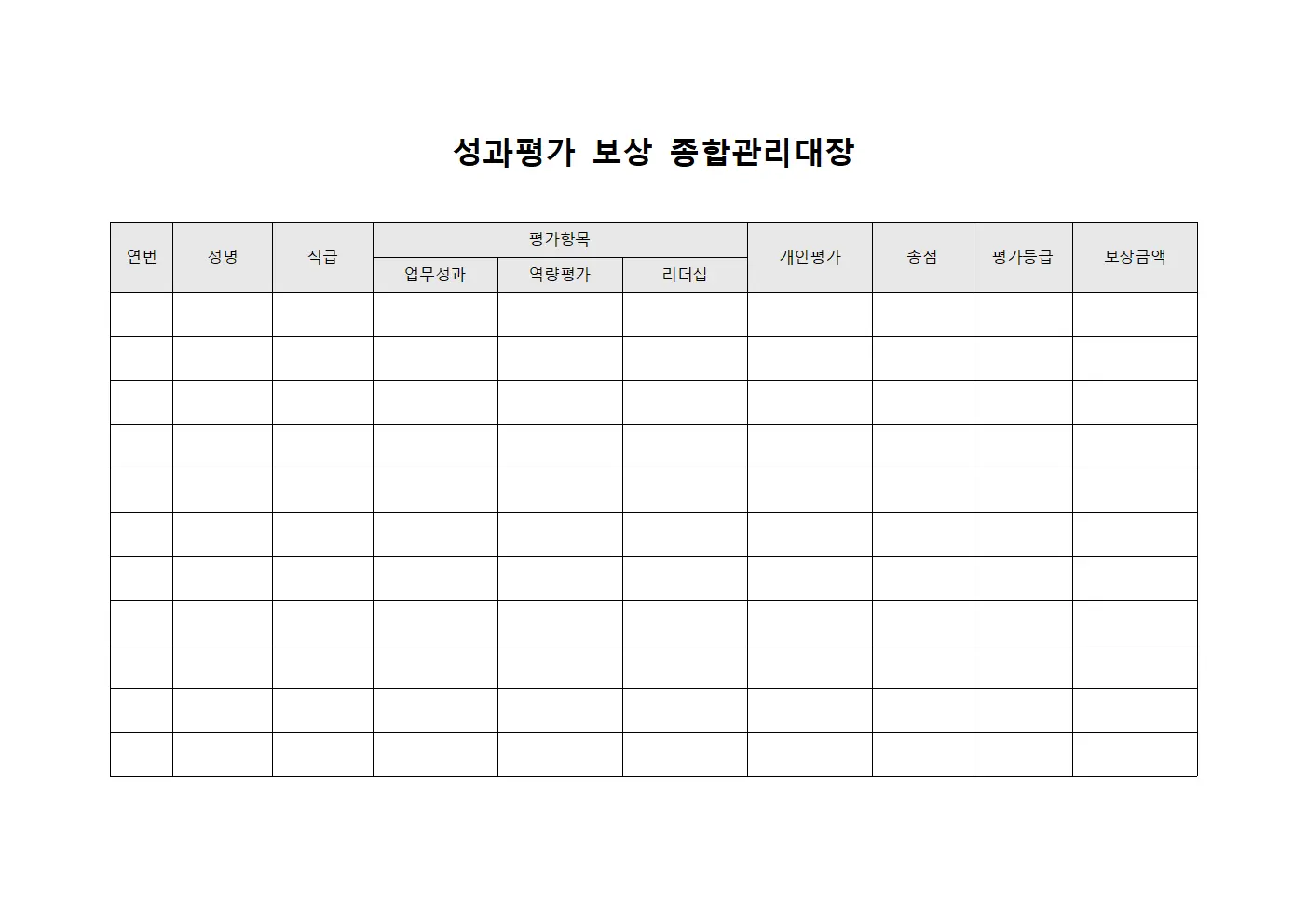 성과평가 보상 종합관리대장