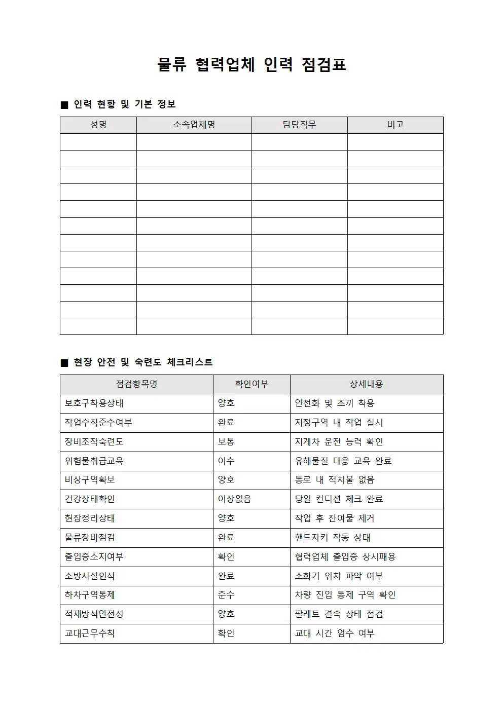 물류 협력업체 인력 점검표 서식파일