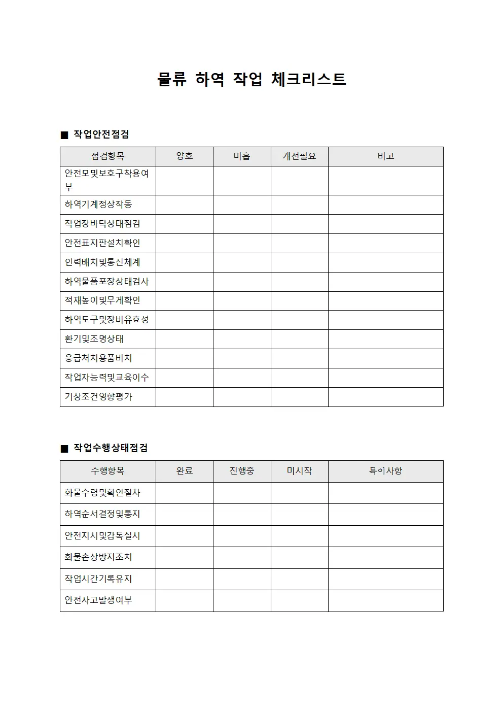 물류 하역 작업 체크리스트 파일양식