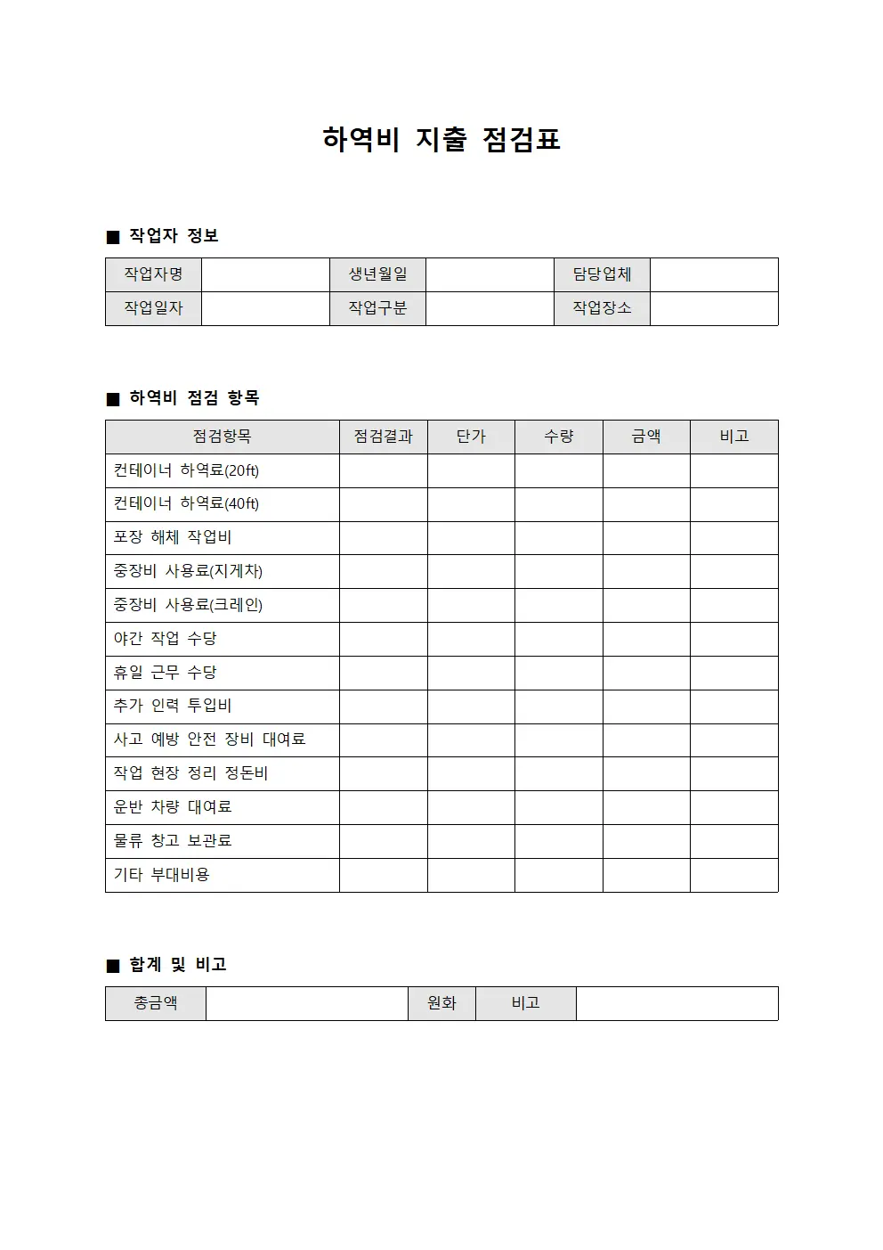 하역비 지출 점검표