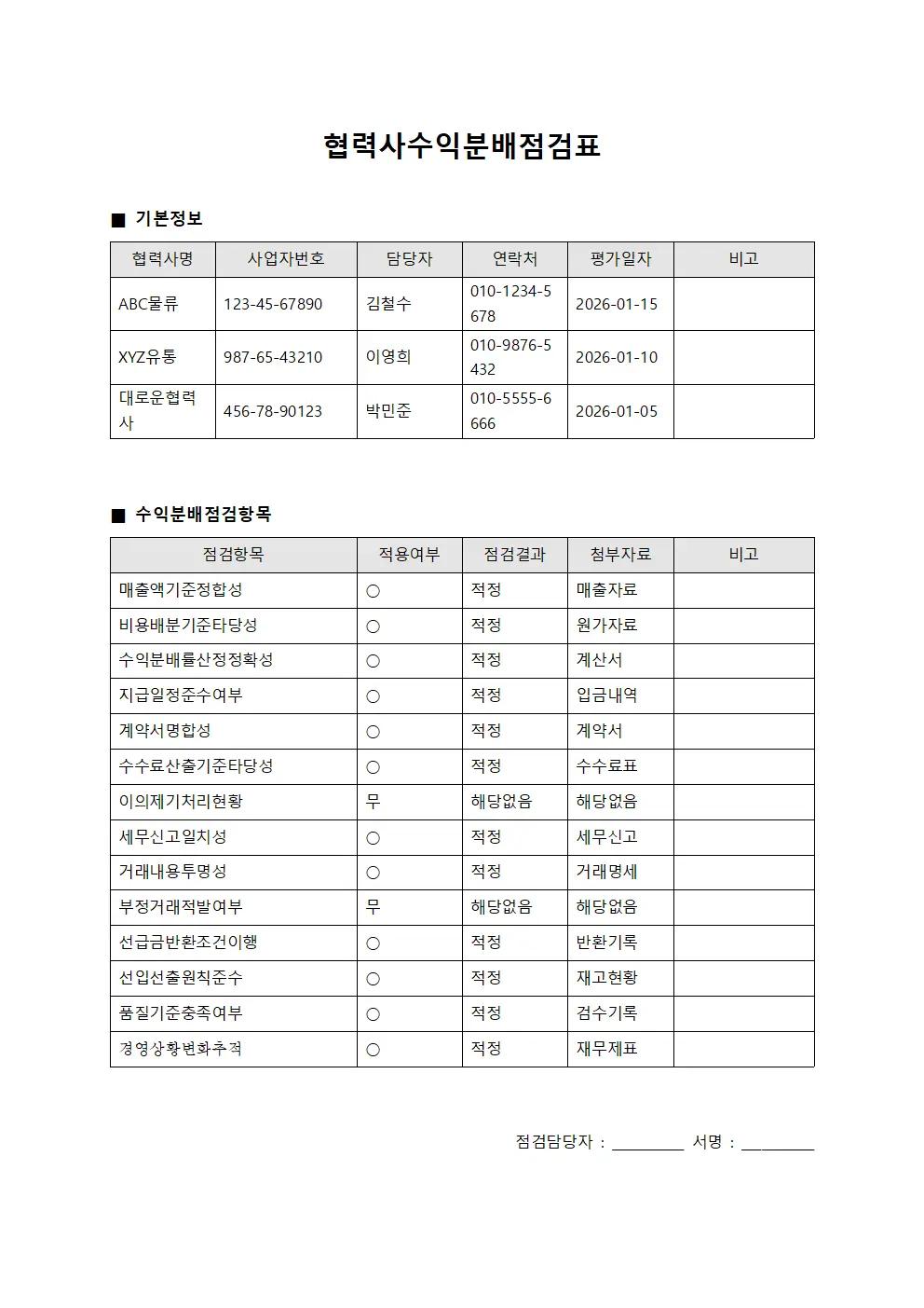 협력사수익분배점검표