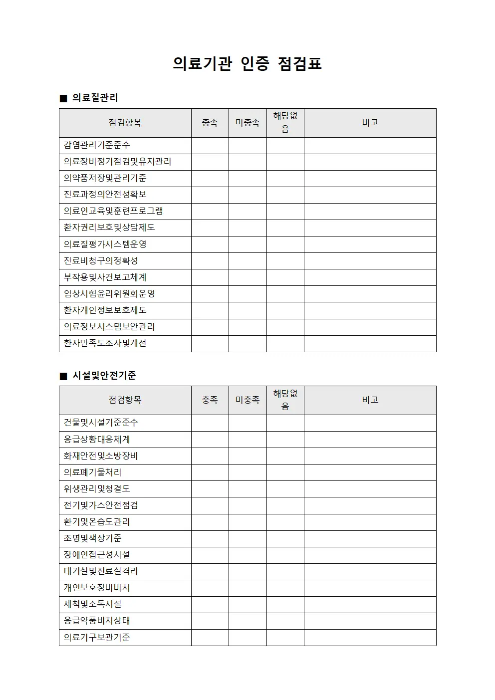 의료기관 인증 점검표