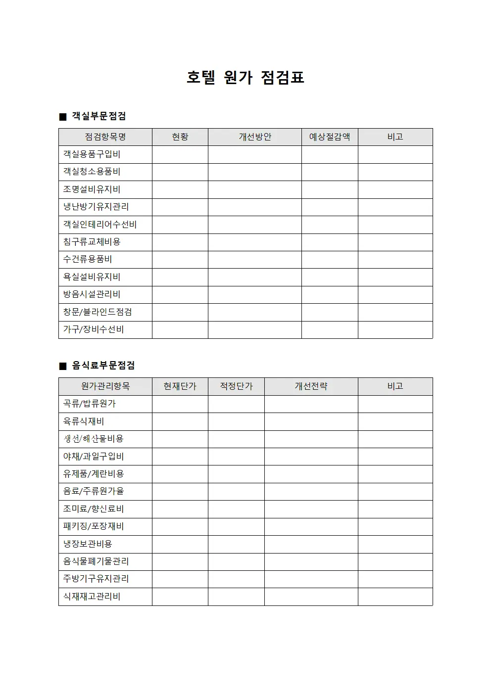 호텔 원가 점검표