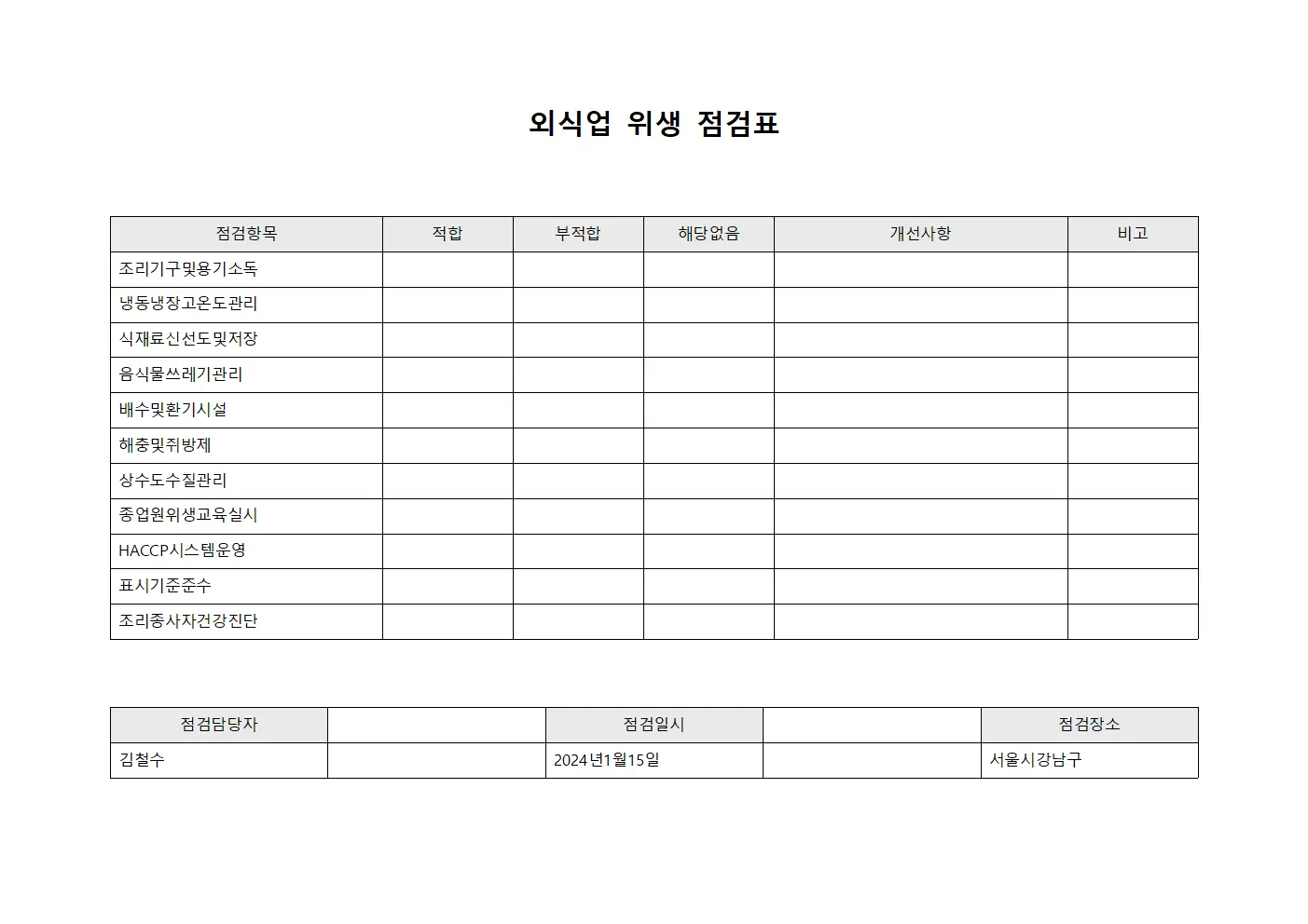 외식업 위생 점검표 양식