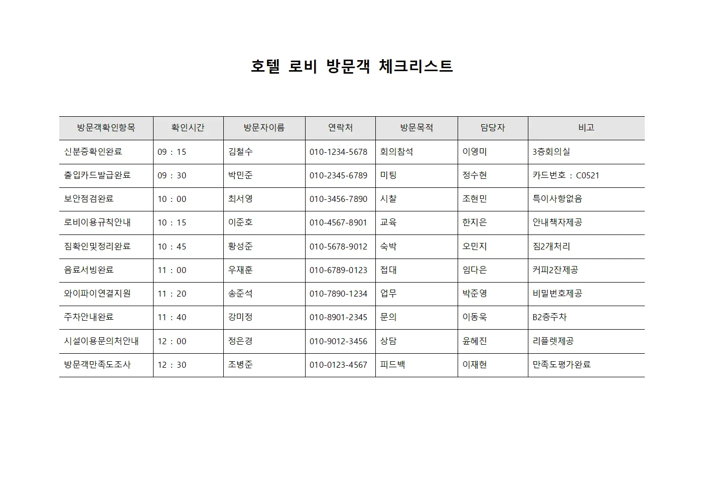 호텔 로비 방문객 체크리스트 문서서식