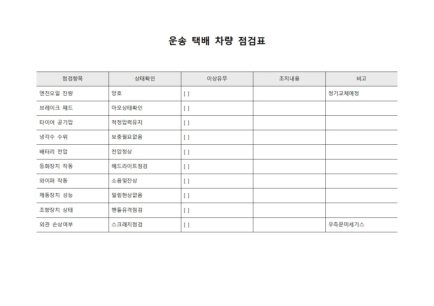 운송 택배 차량 점검표 서식파일