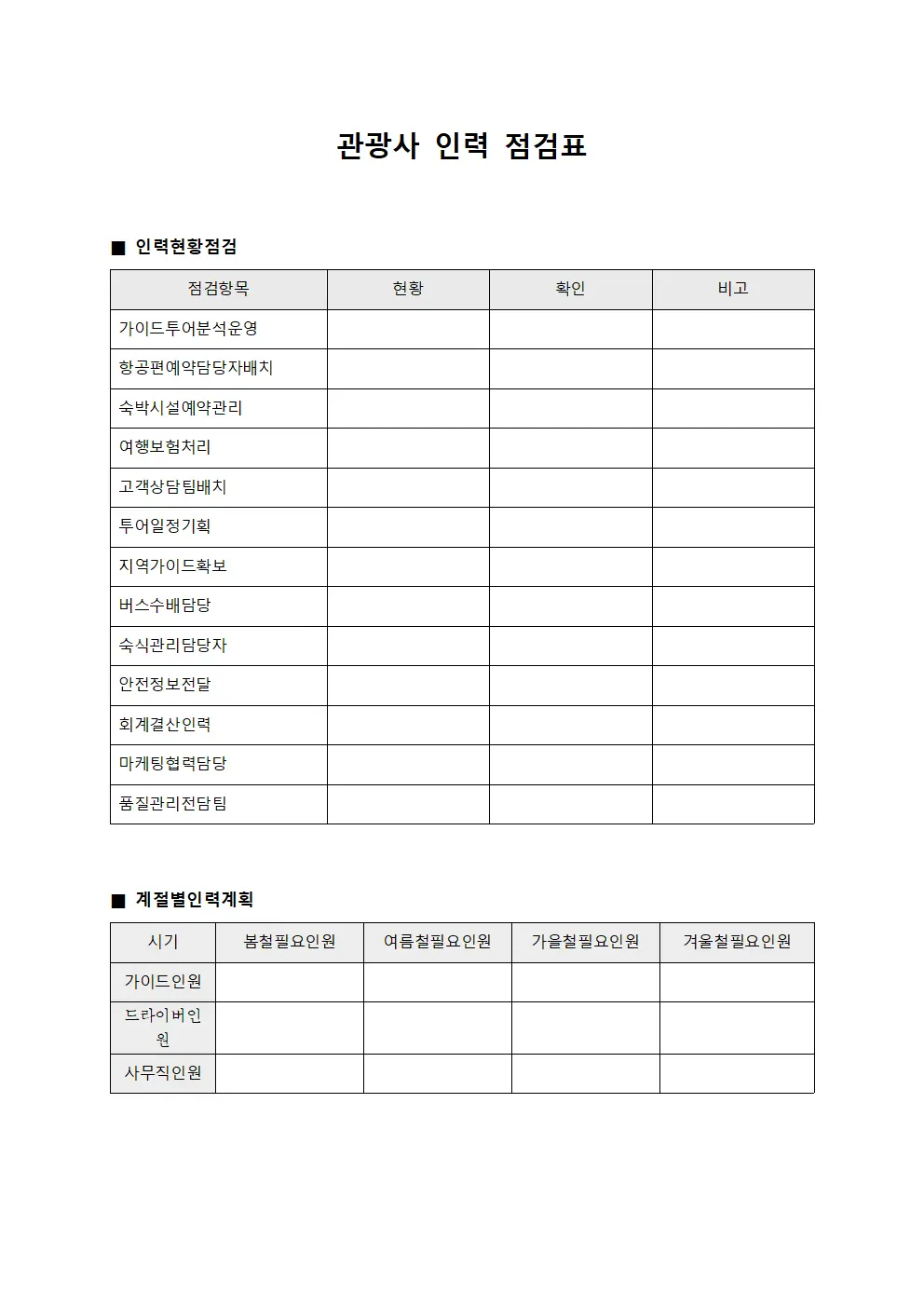 관광사 인력 점검표