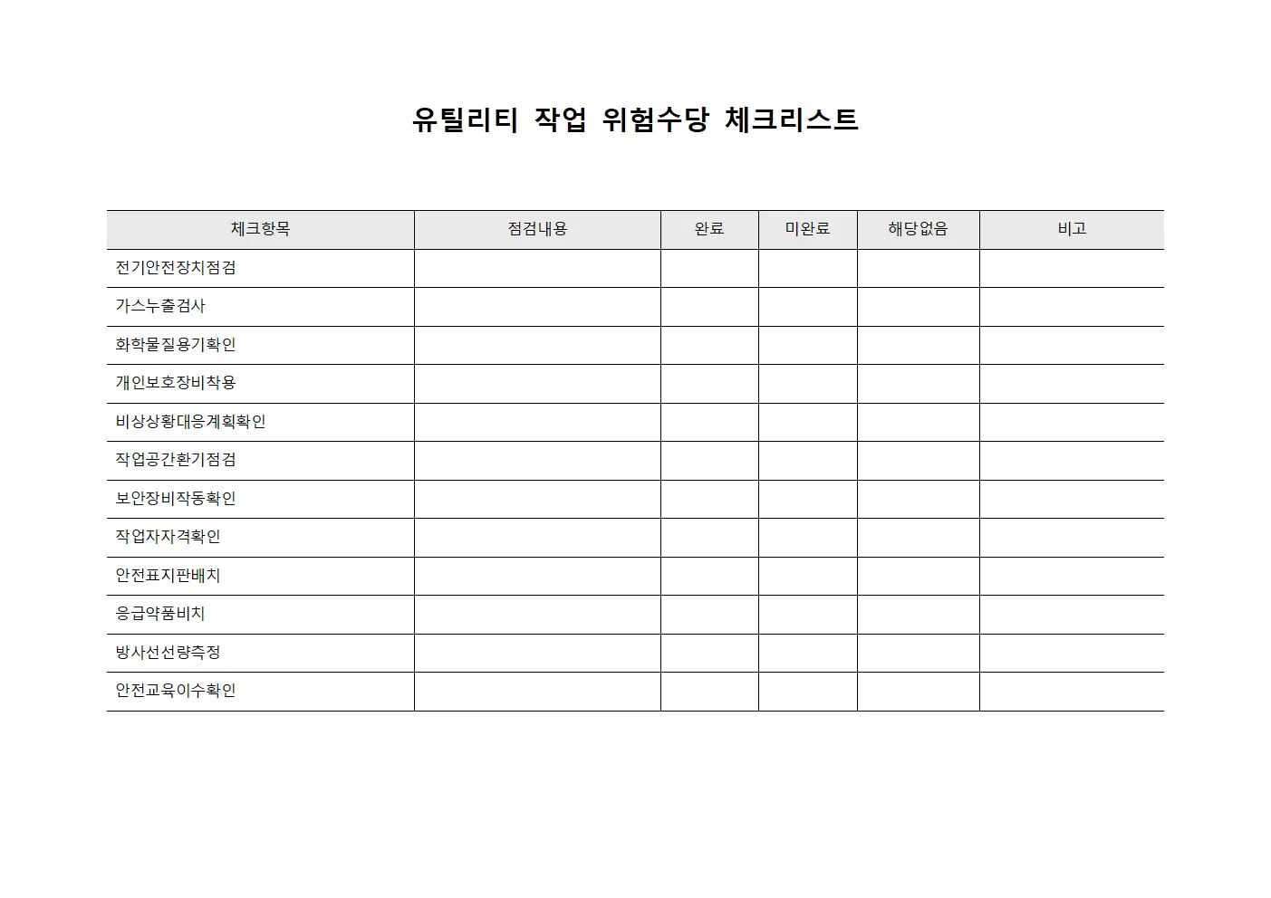 유틸리티 작업 위험수당 체크리스트