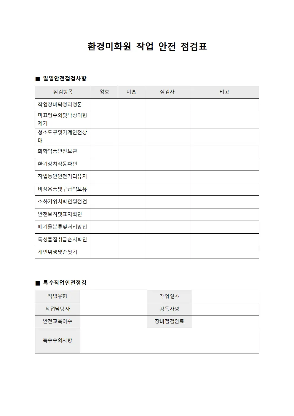 환경미화원 작업 안전 점검표