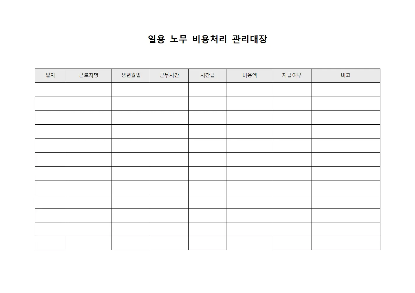 일용 노무 비용처리 관리대장