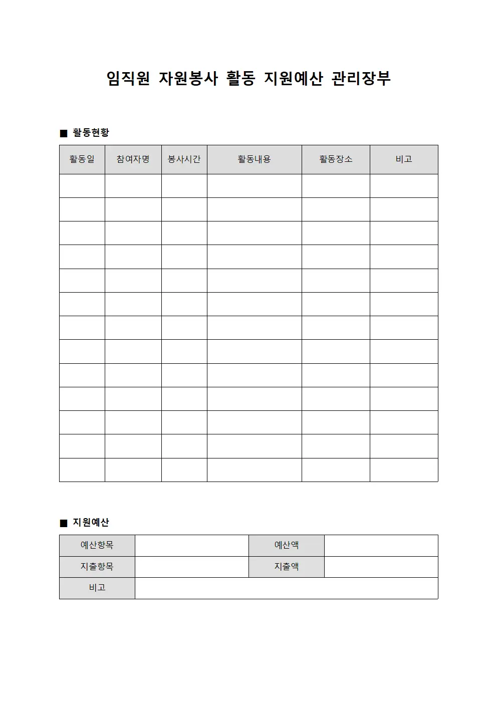 임직원 자원봉사 활동 지원예산 관리장부