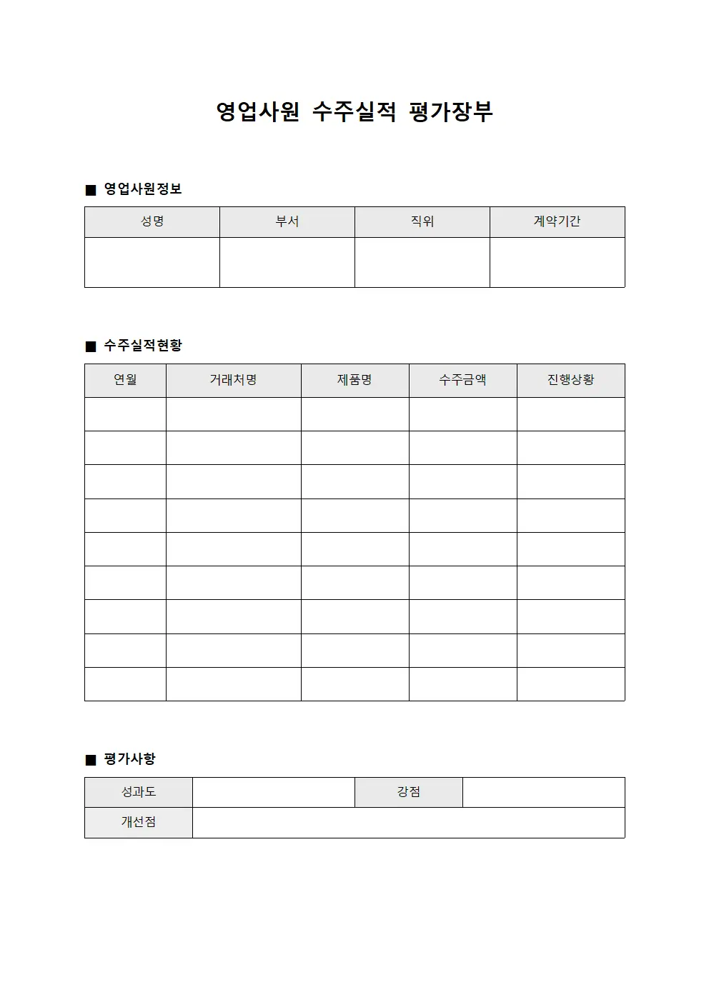 영업사원 수주실적 평가장부