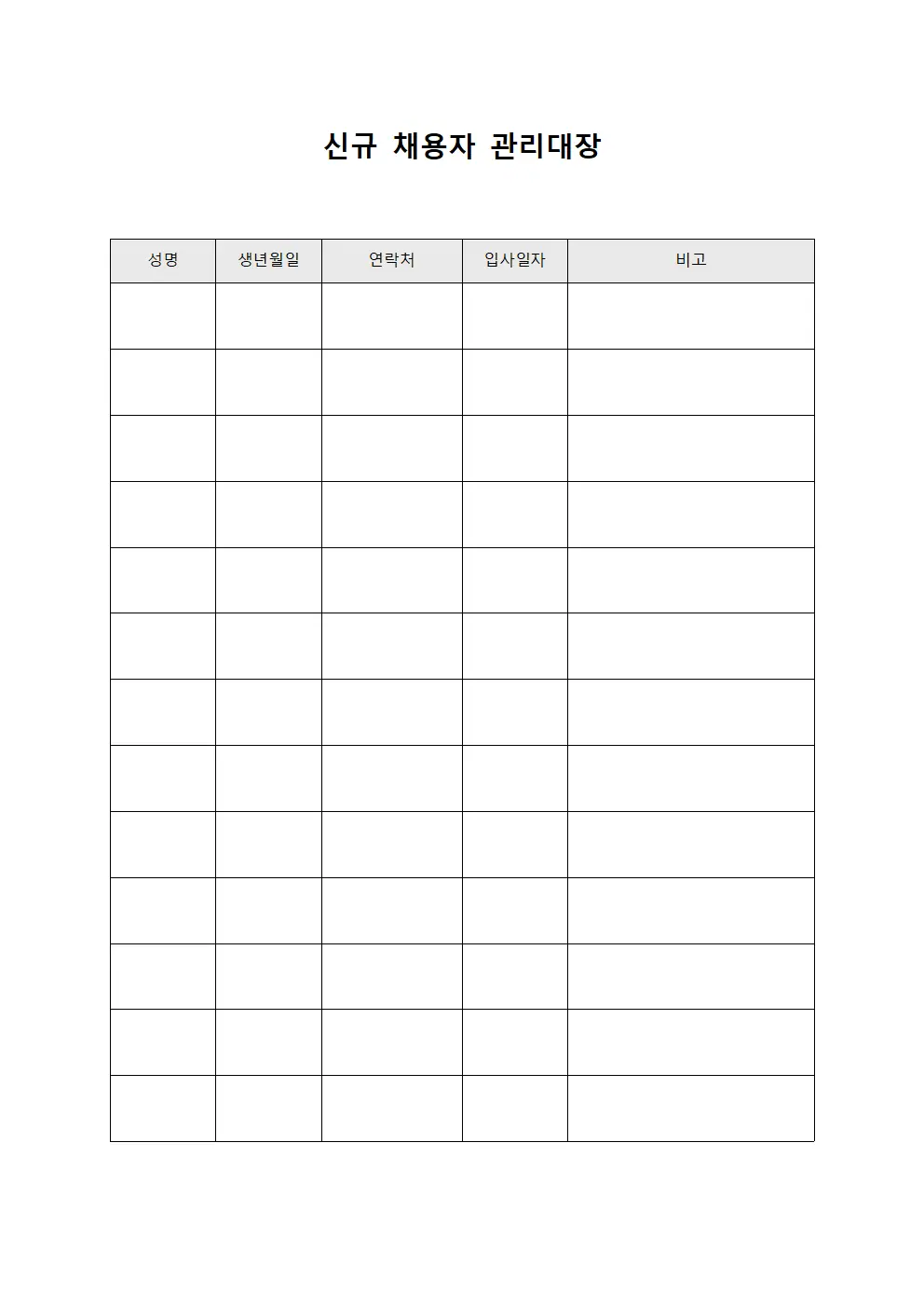 신규 채용자 관리대장 템플릿 양식