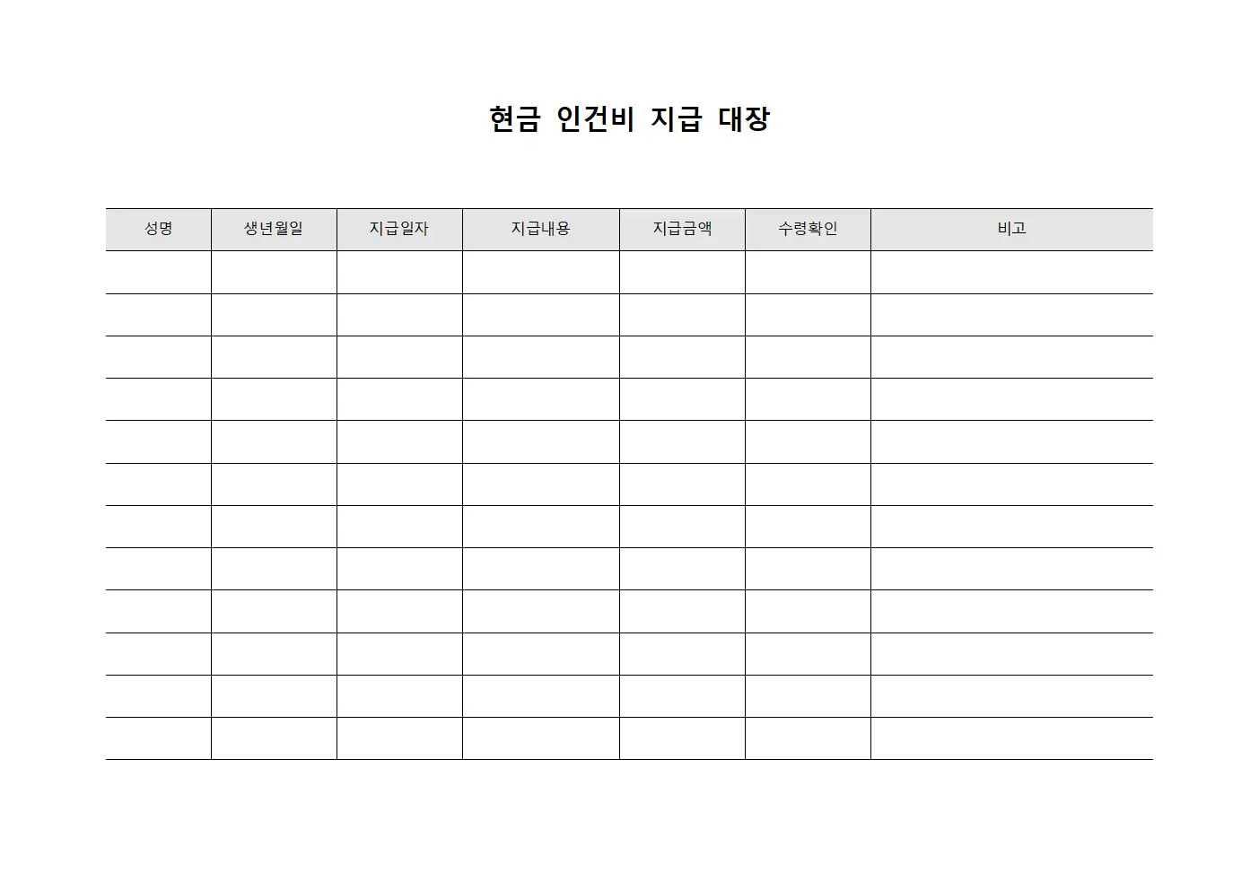 현금 인건비 지급 대장