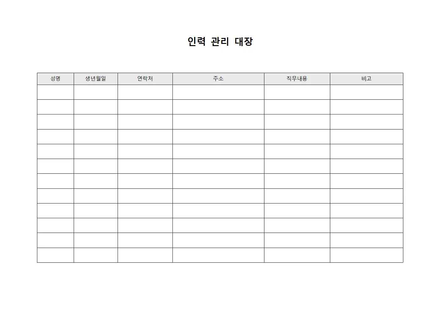 인력 관리 대장 문서양식