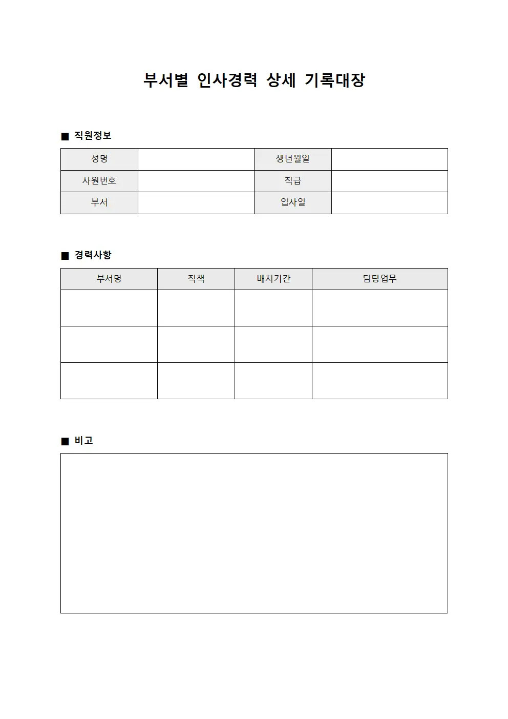 부서별 인사경력 상세 기록대장