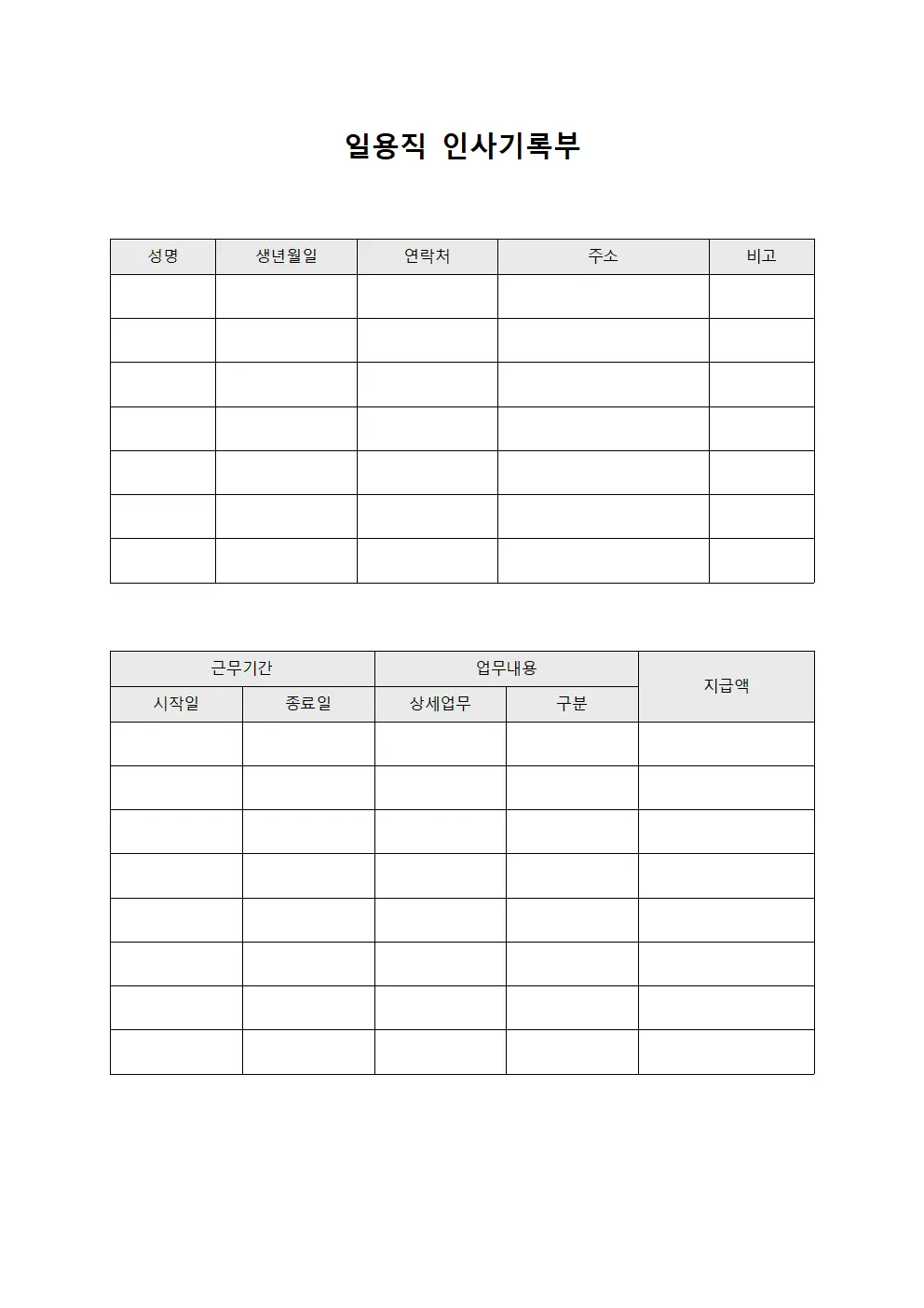 일용직 인사기록부 템플릿