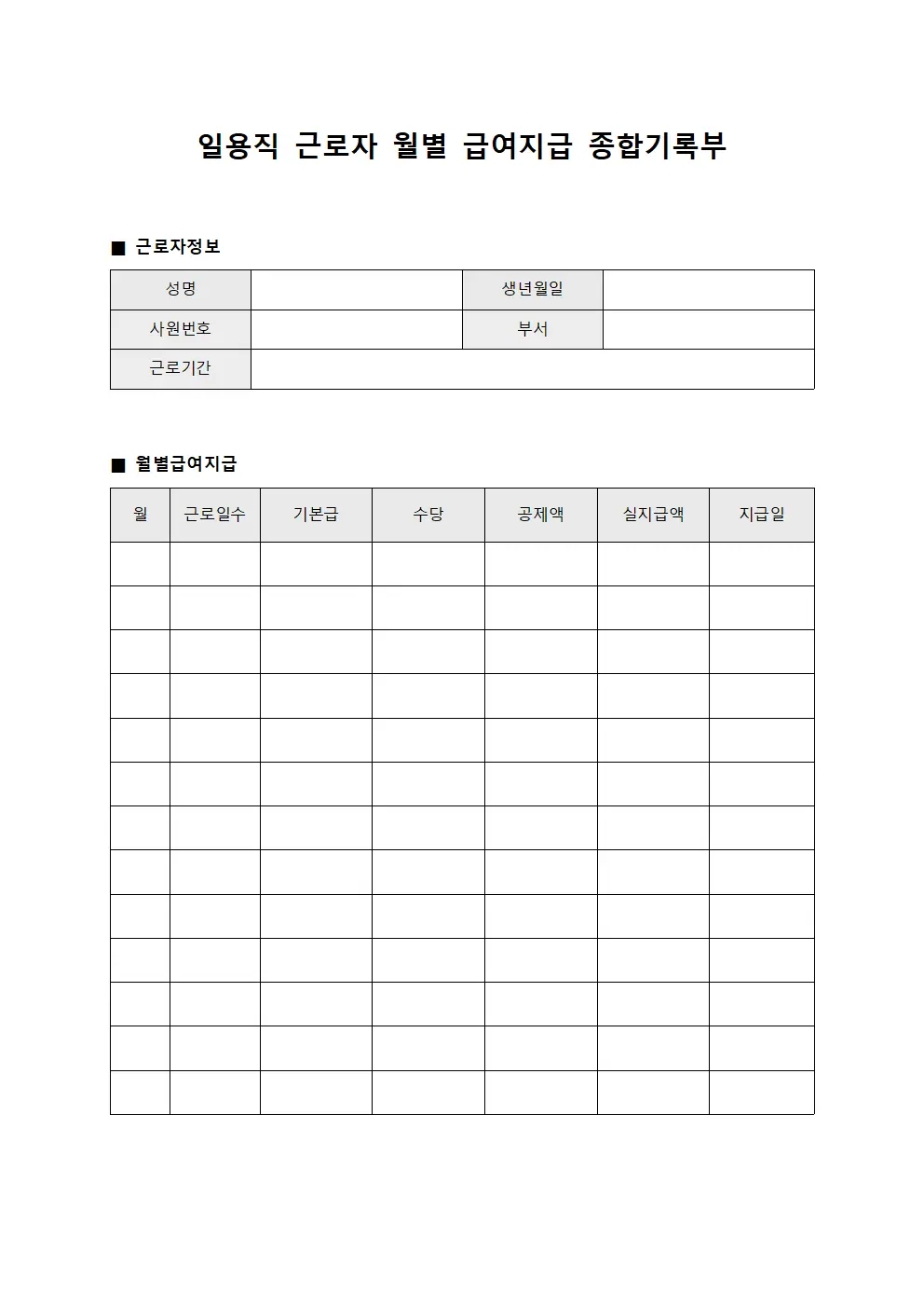 일용직 근로자 월별 급여지급 종합기록부