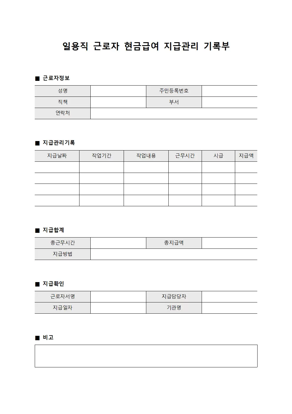 일용직 근로자 현금급여 지급관리 기록부