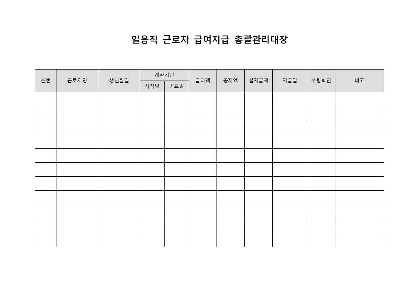 일용직 근로자 급여지급 총괄관리대장 파일서식