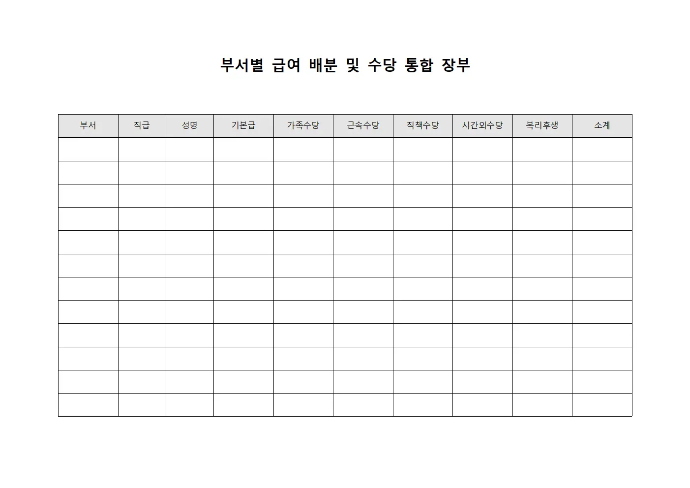 부서별 급여 배분 및 수당 통합 장부