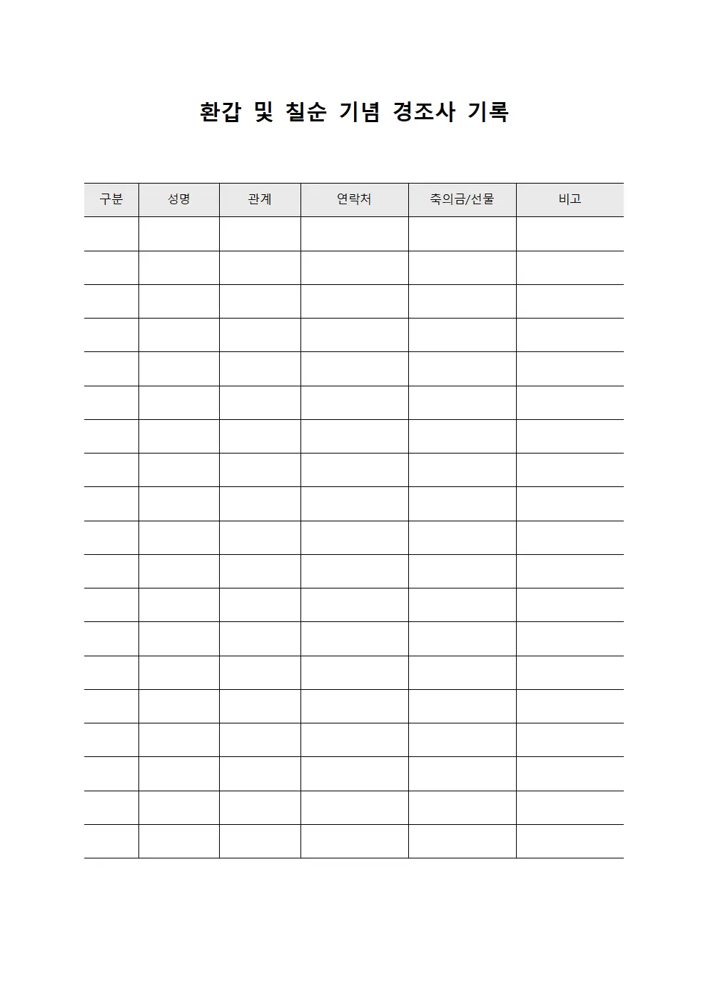 환갑 및 칠순 기념 경조사 기록
