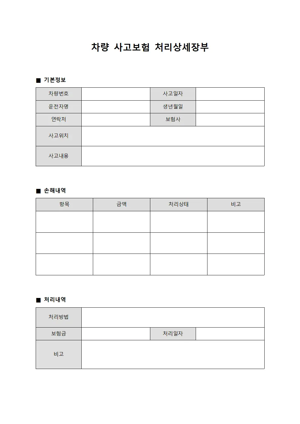 차량 사고보험 처리상세장부