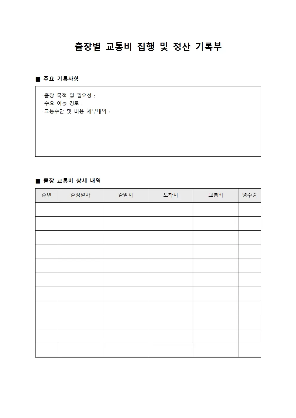 출장별 교통비 집행 및 정산 기록부 문서서식