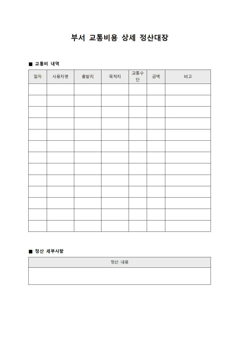 부서 교통비용 상세 정산대장 서식