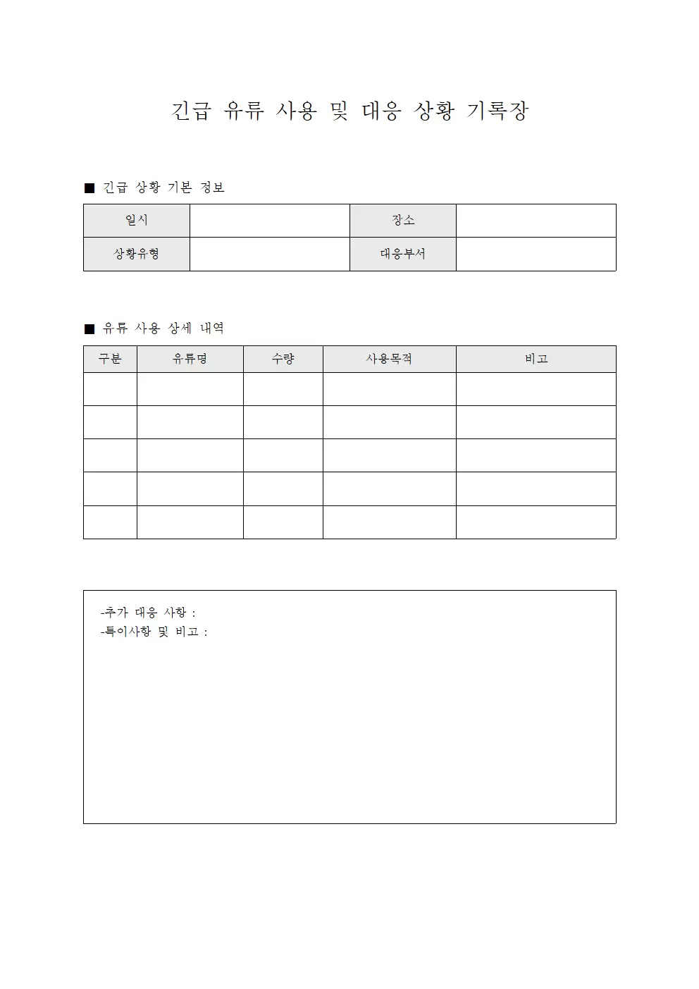긴급 유류 사용 및 대응 상황 기록장 서식